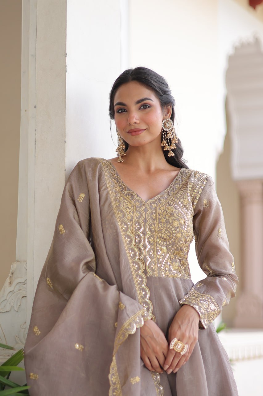 Gray Gold Crush Anarkali Gown