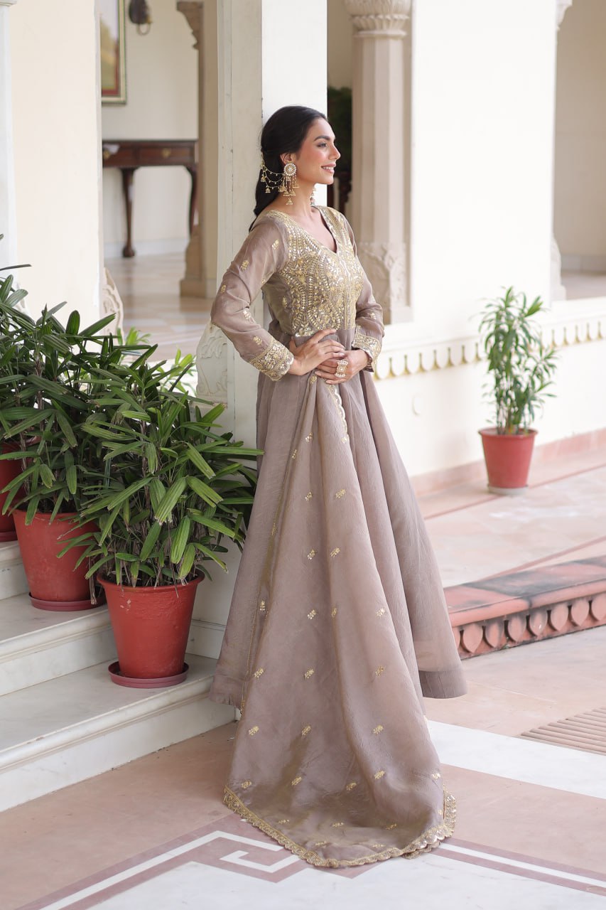 Gray Gold Crush Anarkali Gown