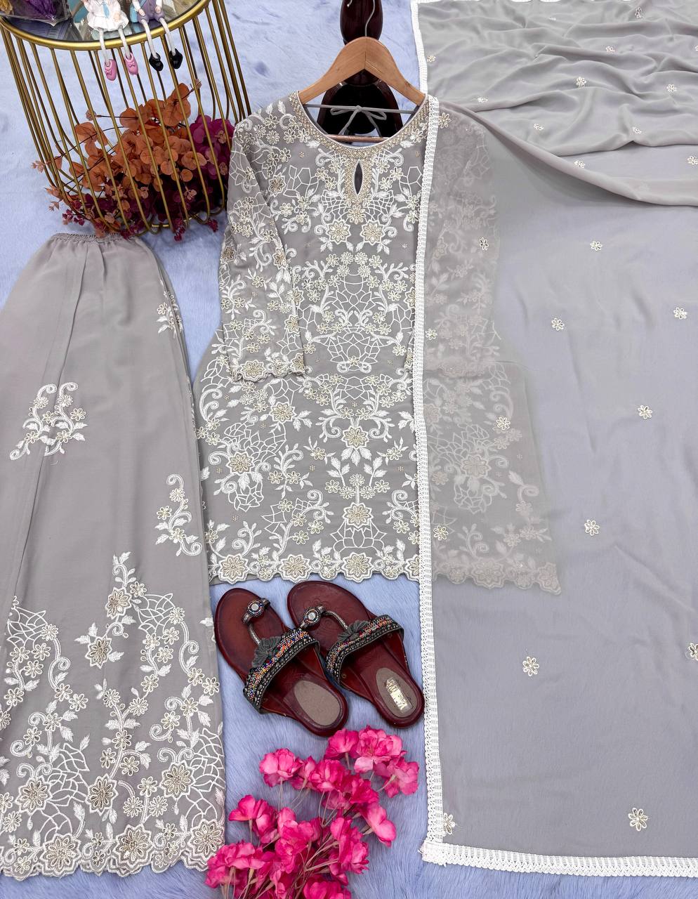 Gray Premium Designer Ready-Made Party Wear Top, Plazzo & Dupatta Set