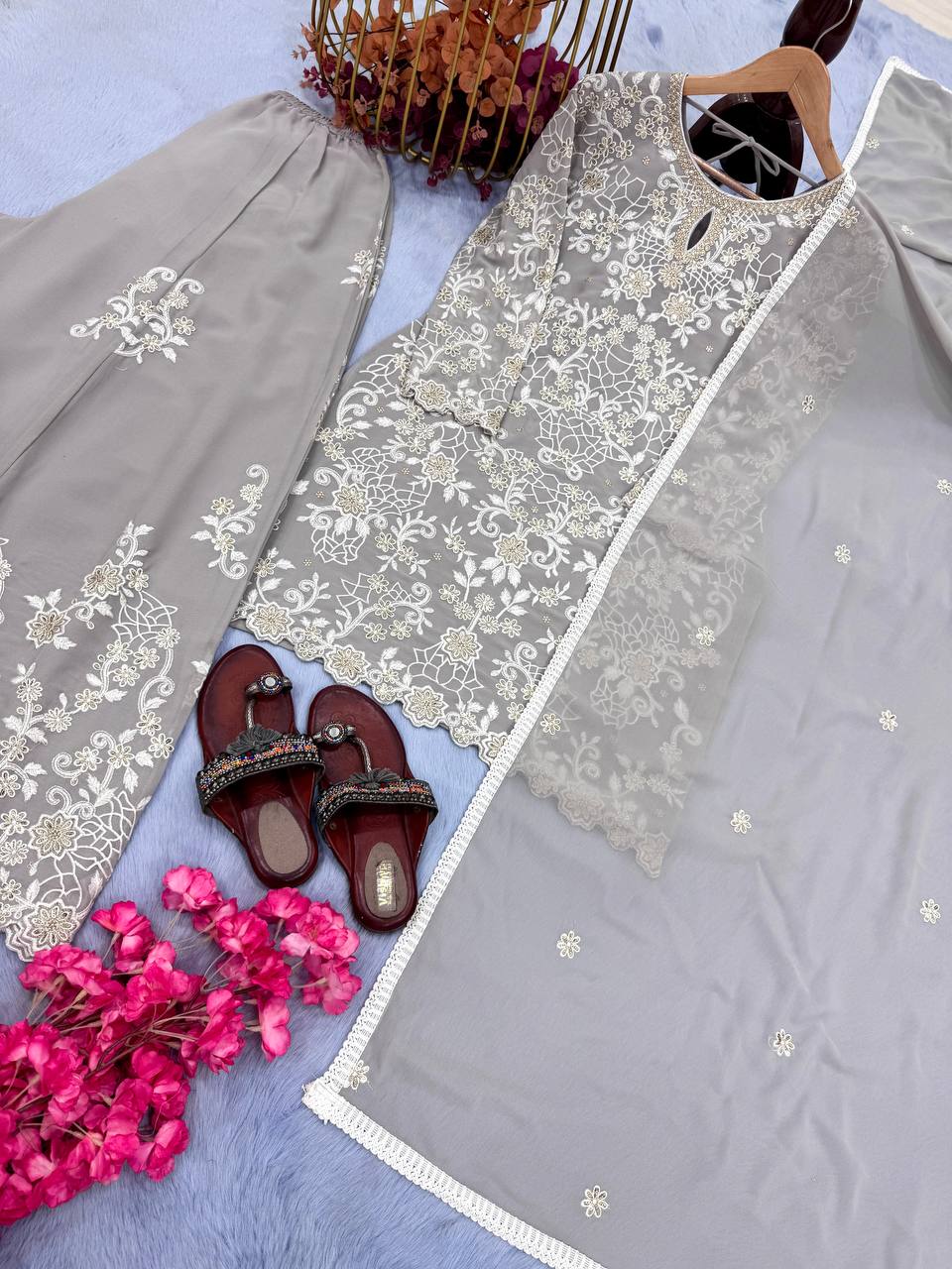 Gray Premium Designer Ready-Made Party Wear Top, Plazzo & Dupatta Set