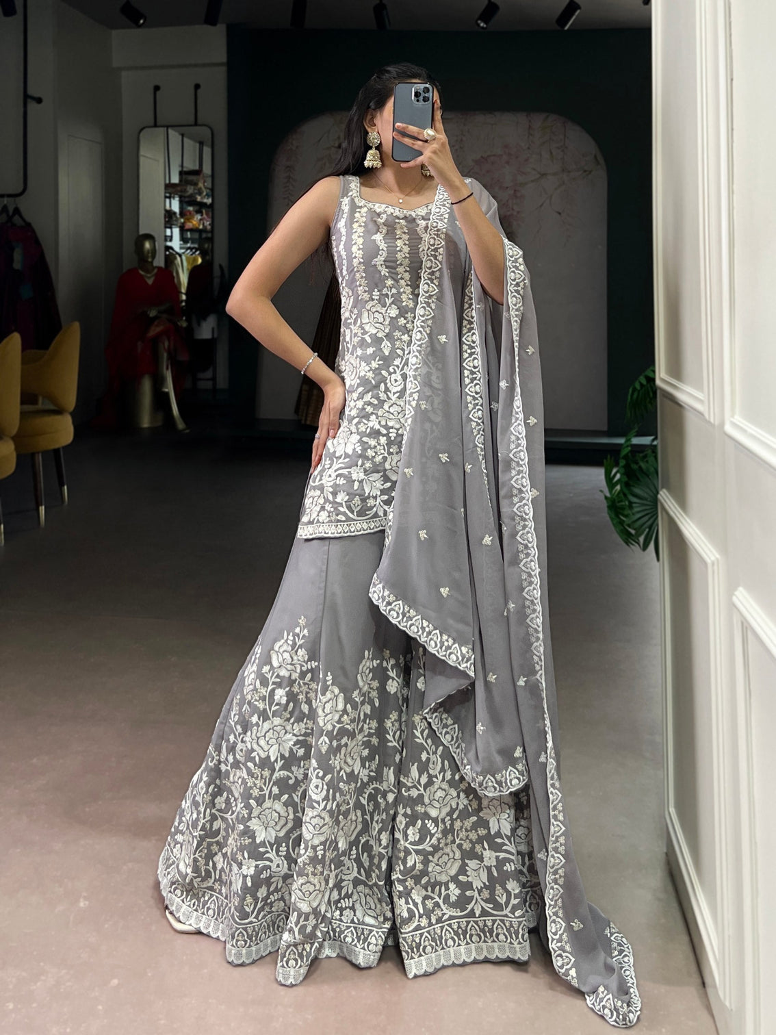 Gray Premium Star Georgette Sequins & Thread Embroidered Stitched Suit Set Top, Bottom & Dupatta