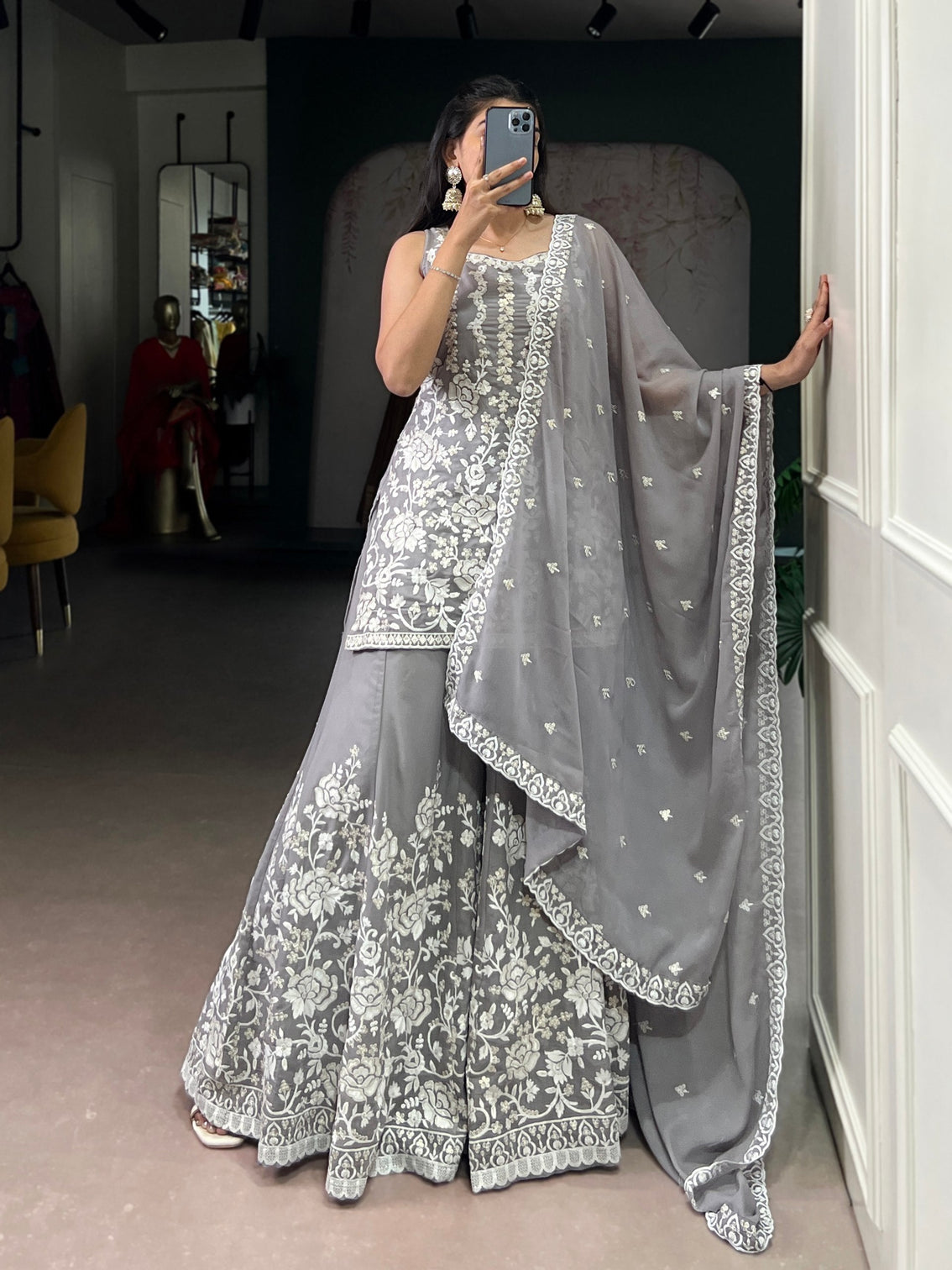 Gray Premium Star Georgette Sequins & Thread Embroidered Stitched Suit Set Top, Bottom & Dupatta
