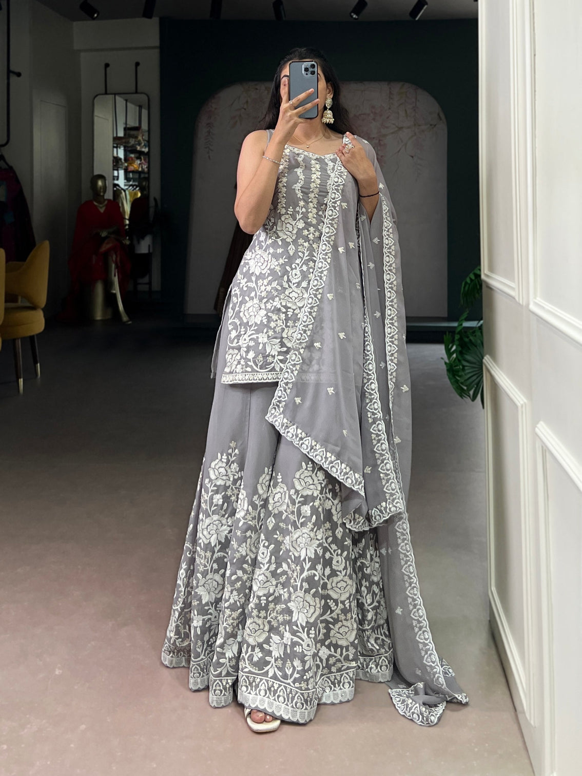 Gray Premium Star Georgette Sequins & Thread Embroidered Stitched Suit Set Top, Bottom & Dupatta