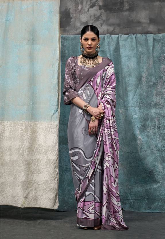 Gray Printed Chanderi Crepe Saree with Unstitched Blouse