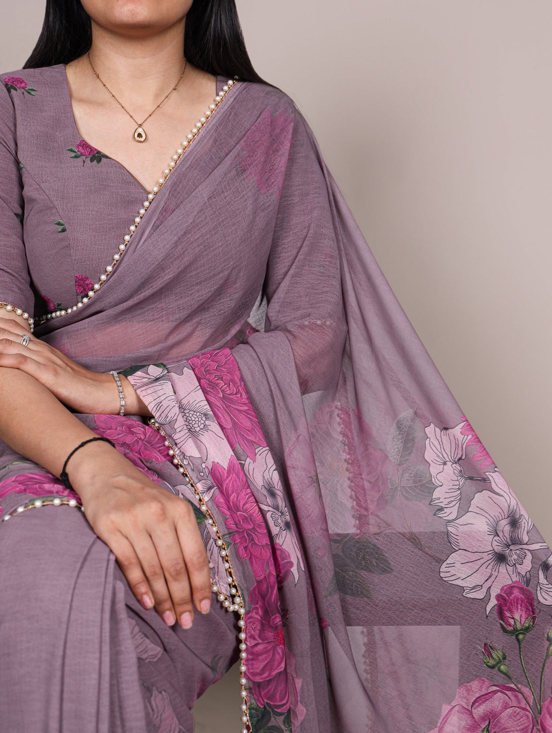 Gray Printed Weightless Pearl Border Saree