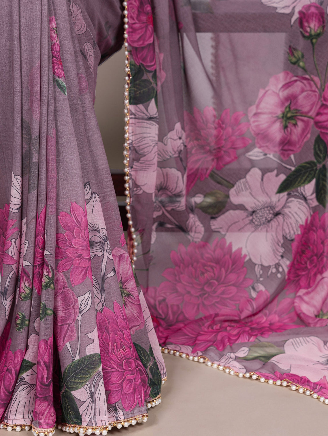 Gray Printed Weightless Pearl Border Saree