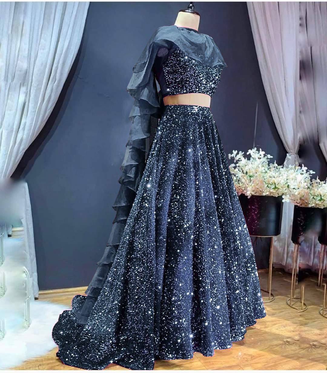 Gray Sparkle & Shine – Velvet Sequin Lehenga Set