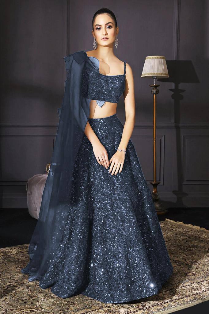 Gray Sparkle & Shine – Velvet Sequin Lehenga Set