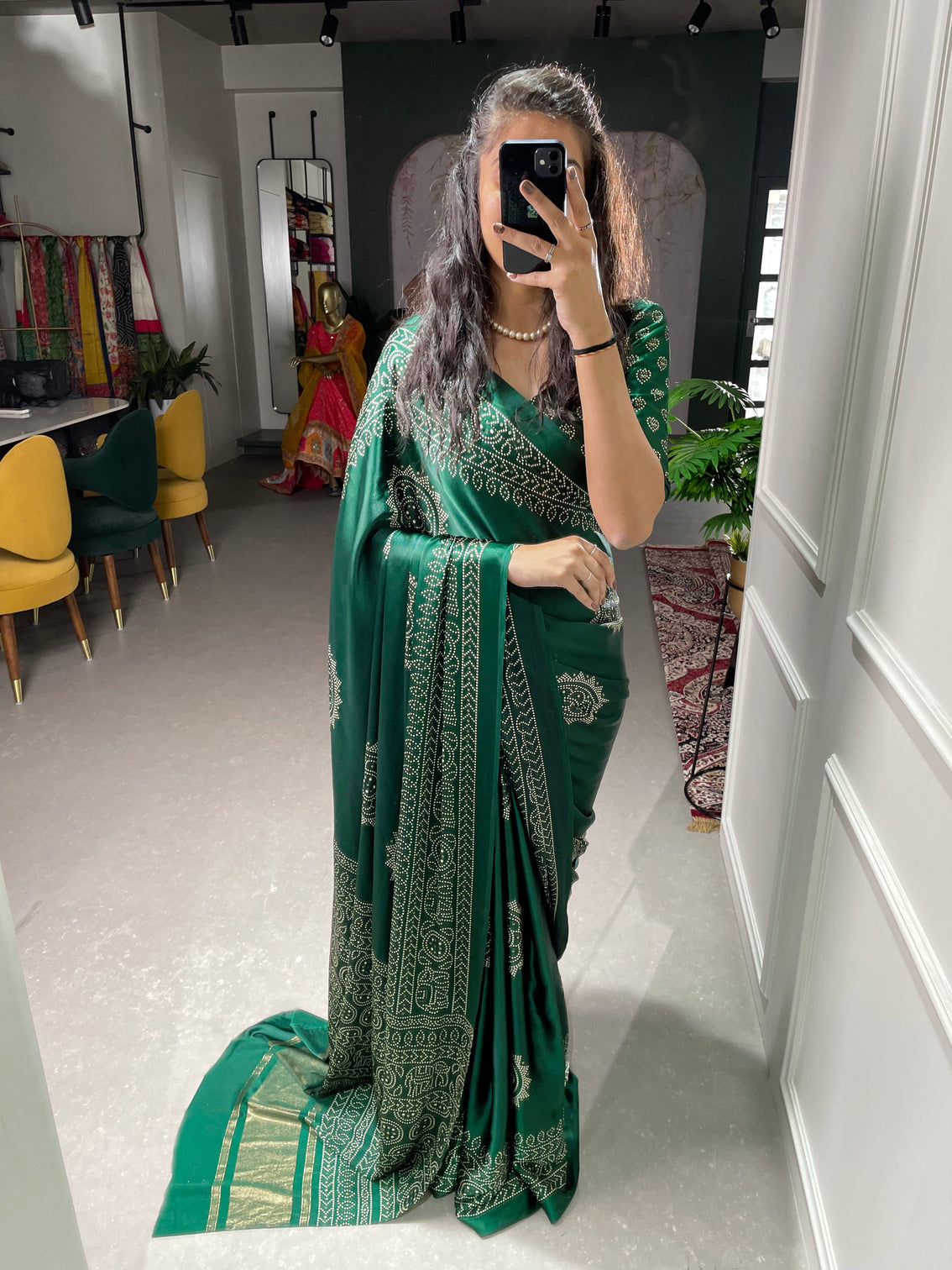 Green Color Printed And Foil Work Semi Gaji Satin Saree