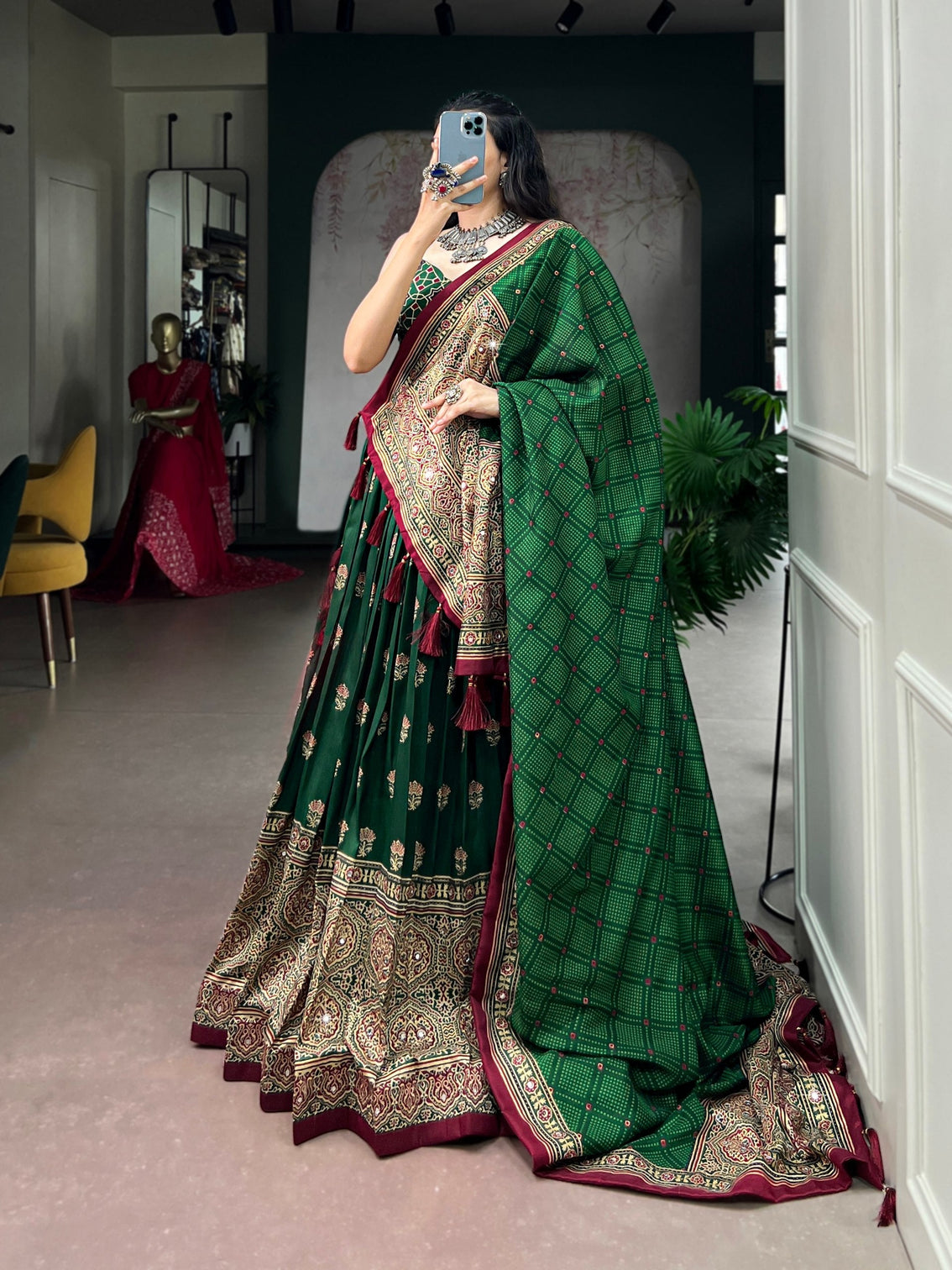 Green Ajrak Printed Lehenga Choli