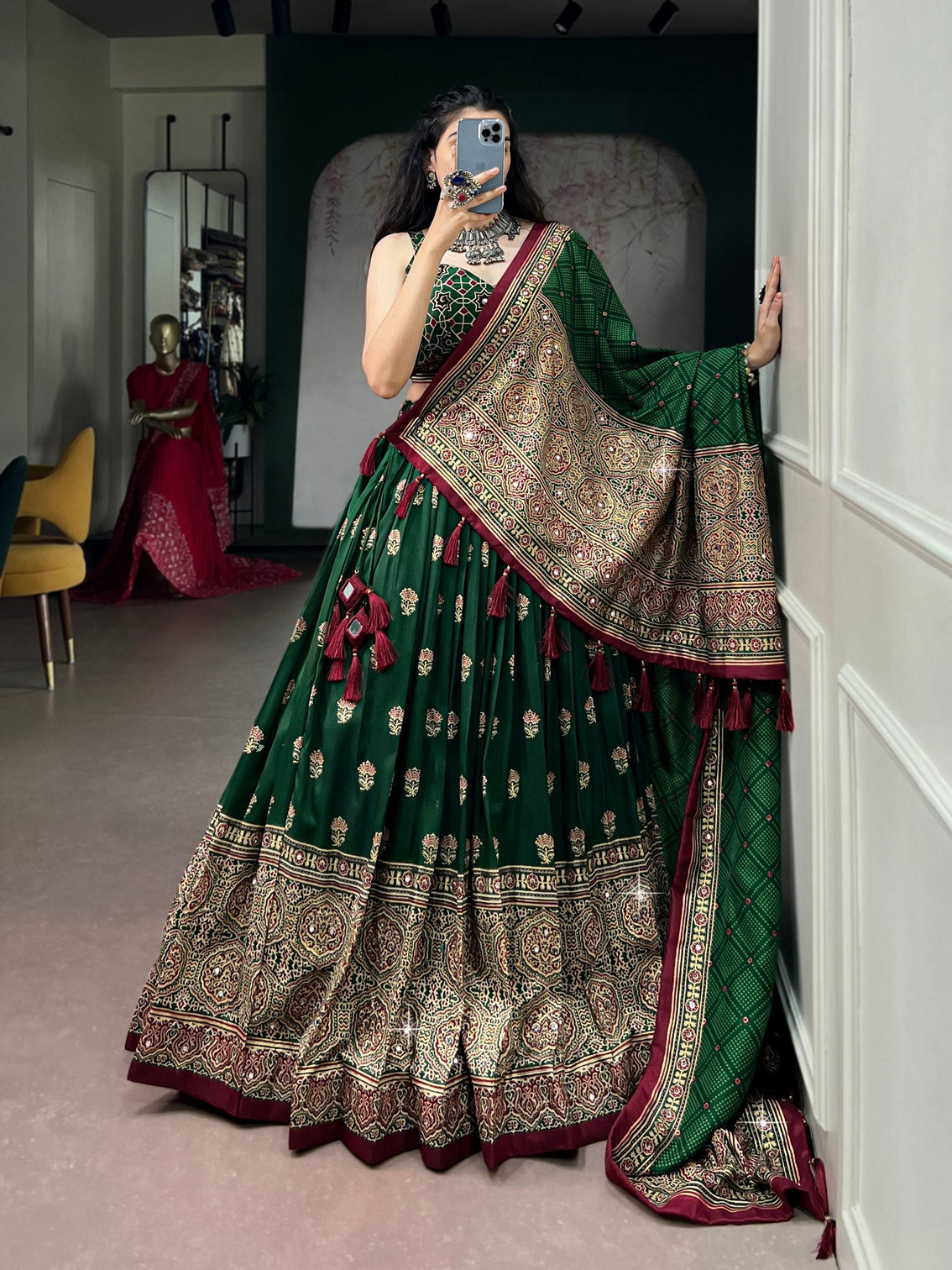Green Ajrak Printed Lehenga Choli