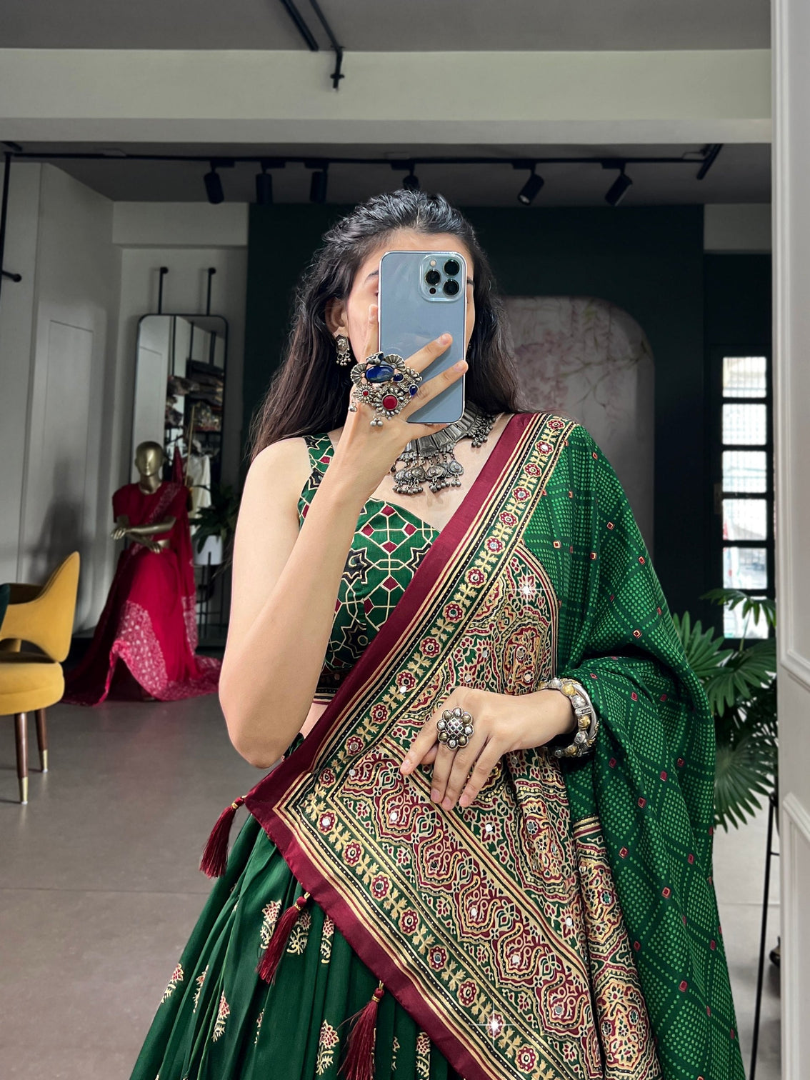 Green Ajrak Printed Lehenga Choli