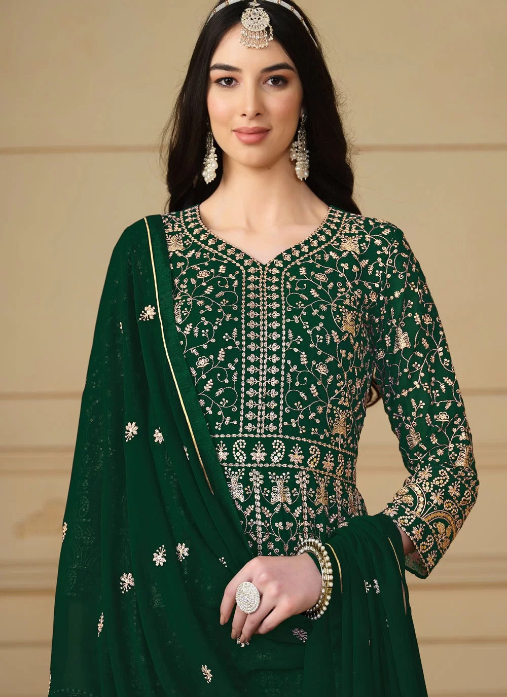 Elegant green faux georgette eid special anarkali suit with dupatta