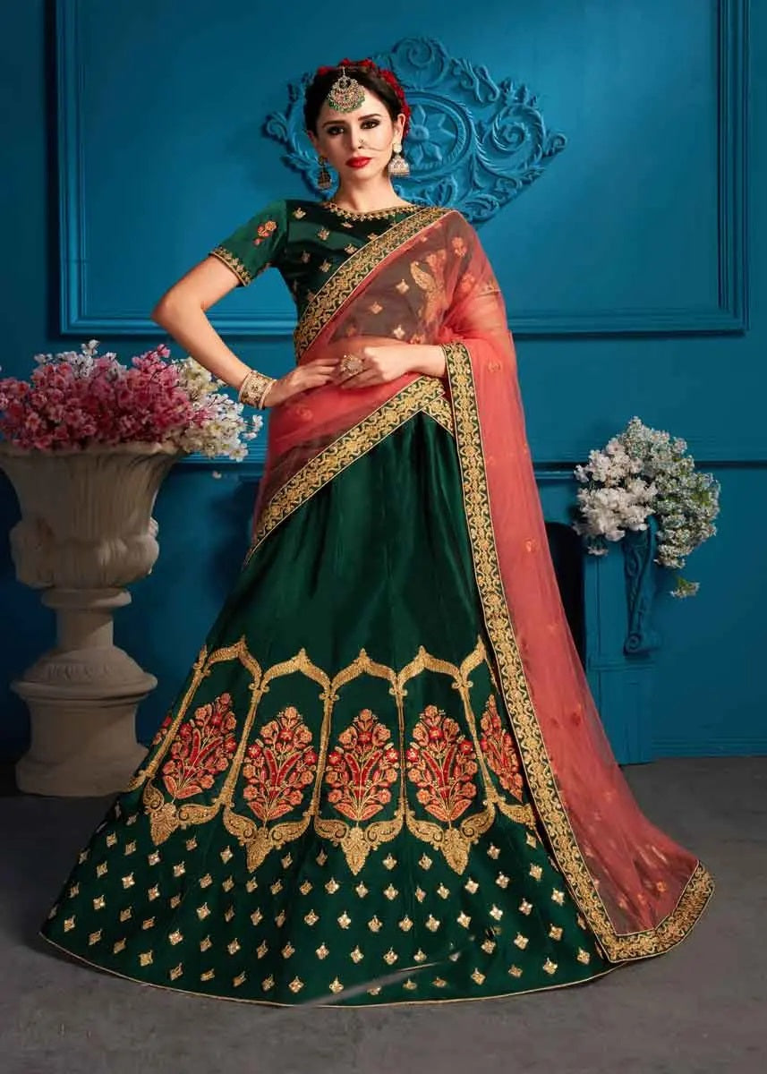 Green and red satin embroidery lehenga choli