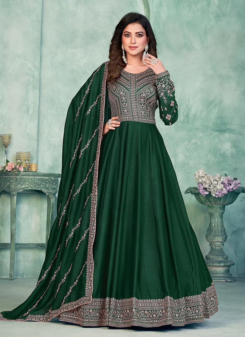 Green art silk designer anarkali suit with santool bottom