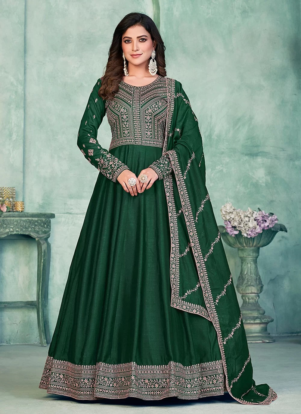 Green art silk designer anarkali suit with santool bottom