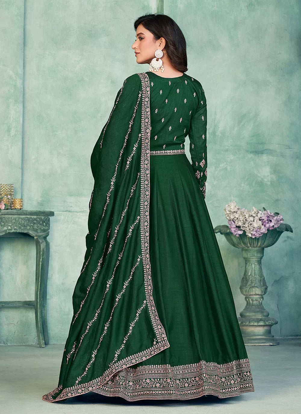 Green art silk designer anarkali suit with santool bottom