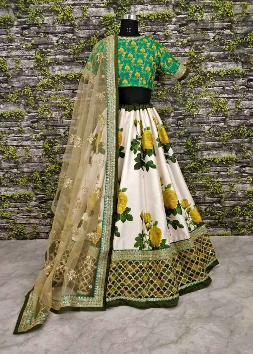 Green art silk floral print lehenga