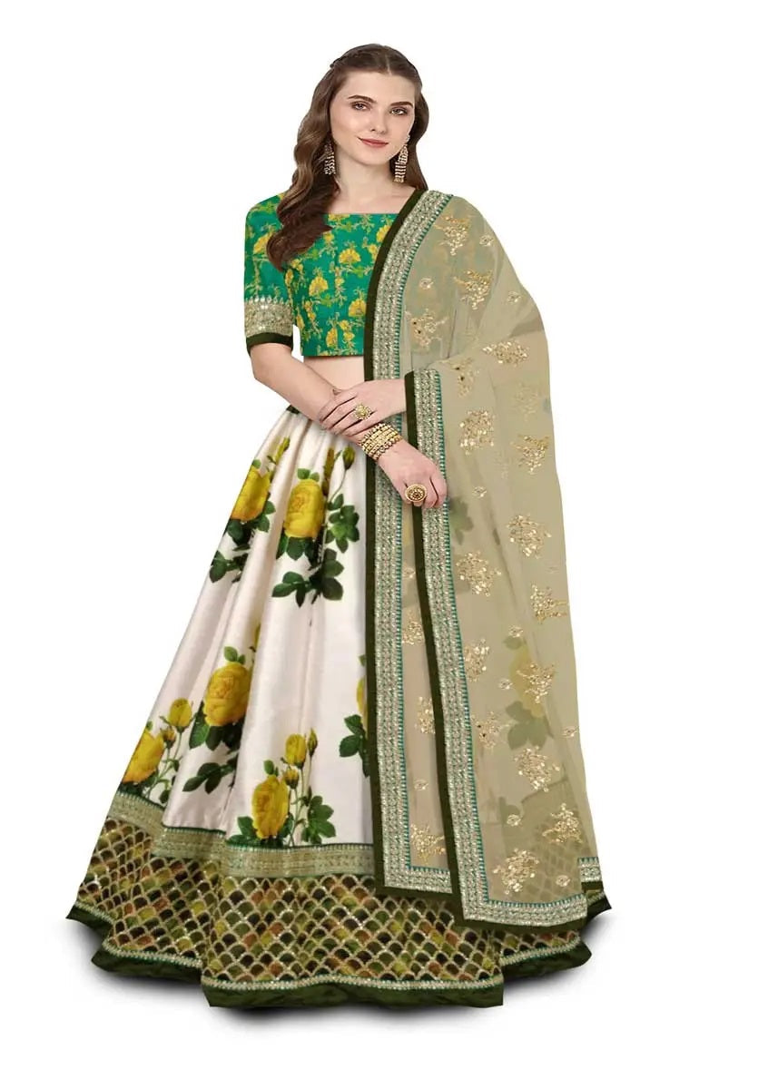 Green art silk floral print lehenga