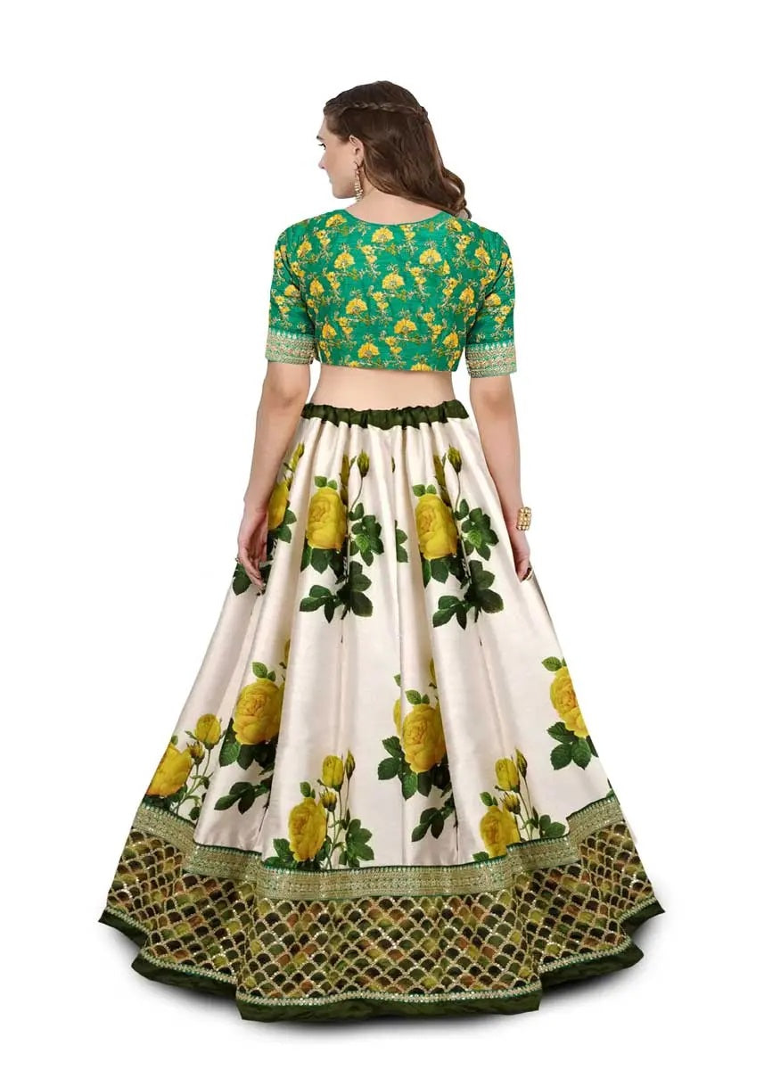 Green art silk floral print lehenga