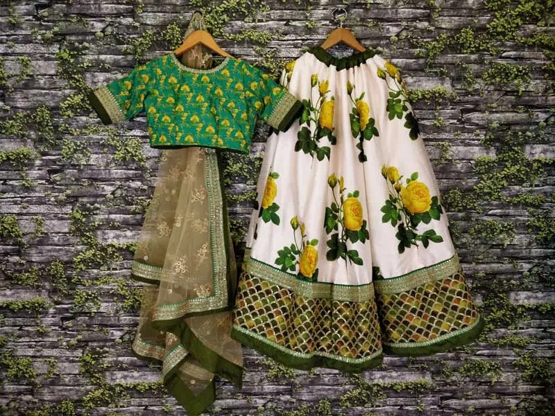 Green art silk floral print lehenga