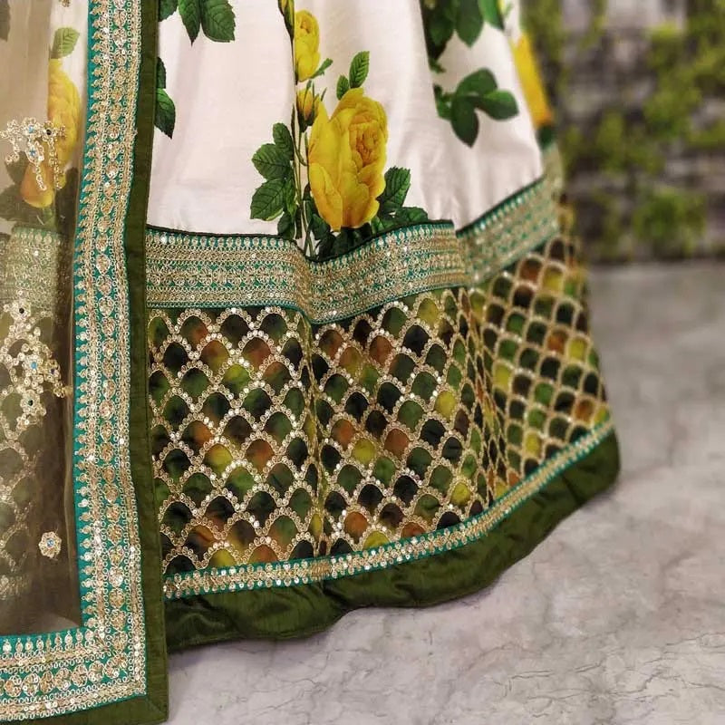 Green art silk floral print lehenga