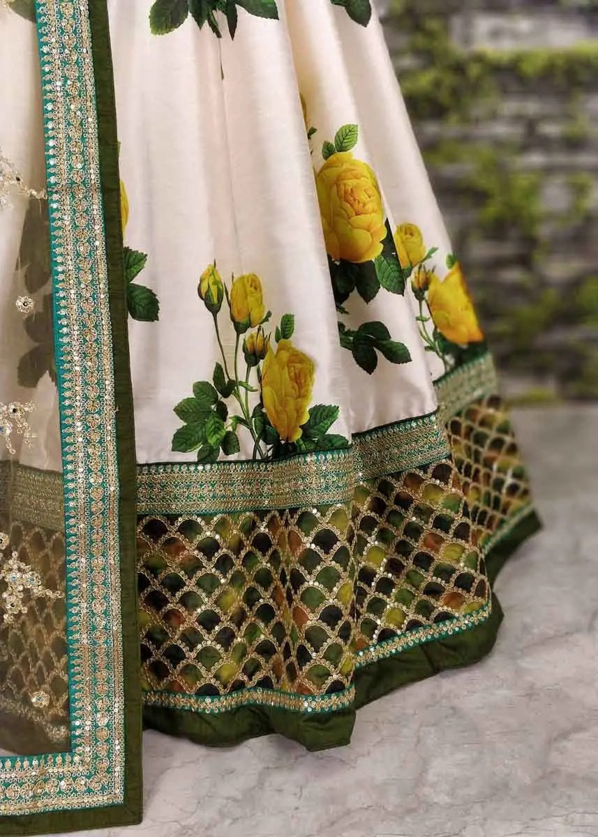 Green art silk floral print lehenga