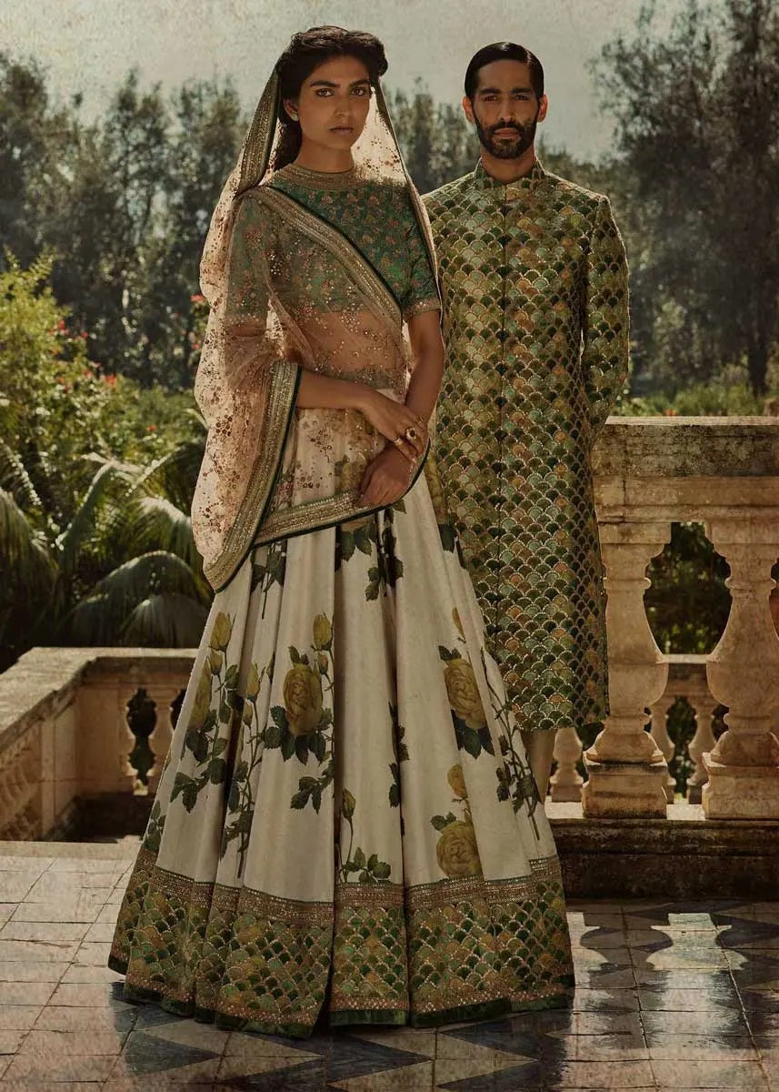 Green art silk floral print lehenga