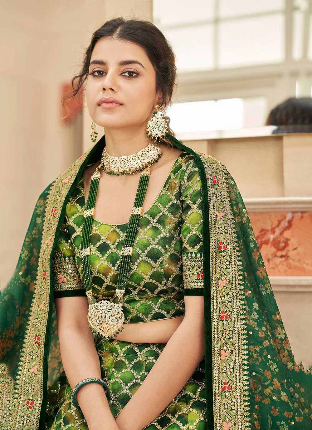 Green art silk reception wear lehenga choli