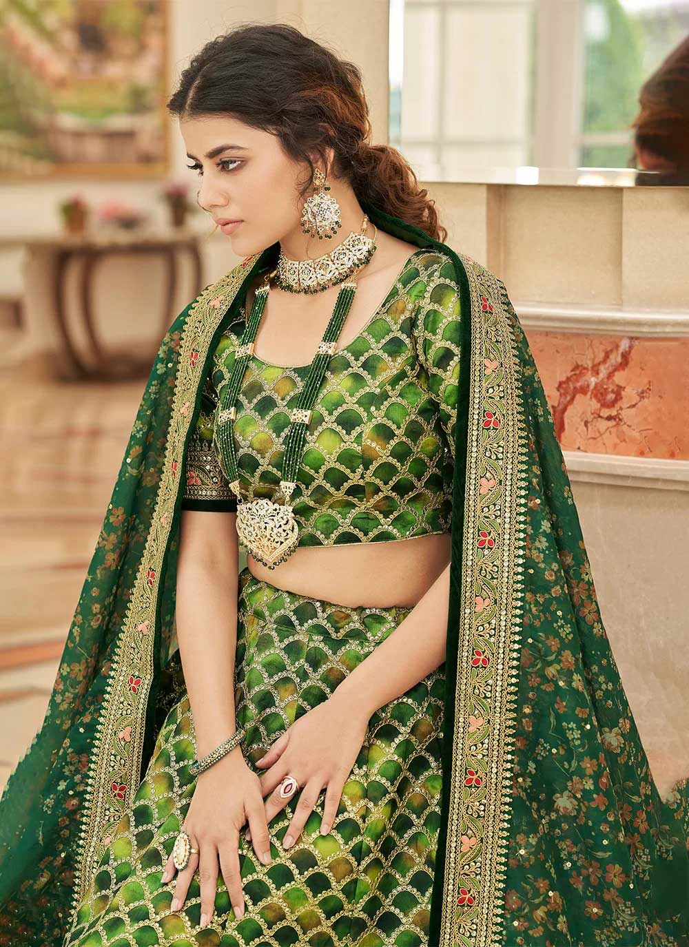Green art silk reception wear lehenga choli