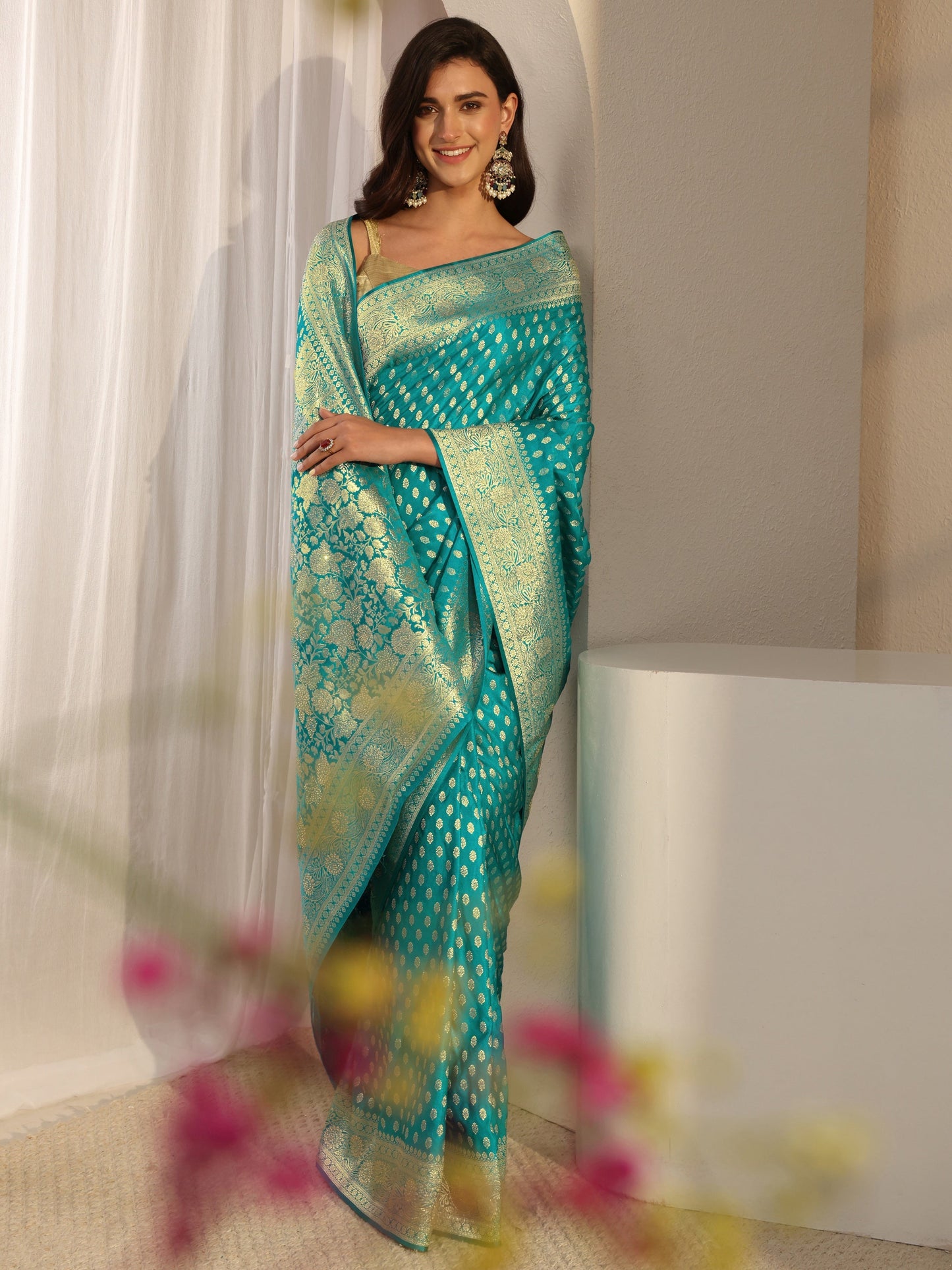 Libas Green Banarasi Silk Blend Saree With Unstitched Blouse Piece