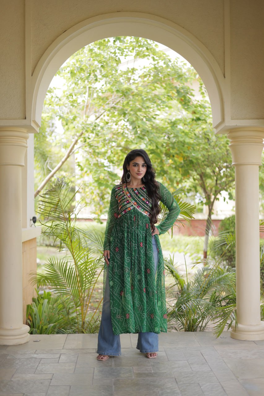 Green Bandhani Kurti with Patchwork