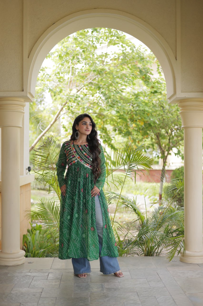 Green Bandhani Kurti with Patchwork