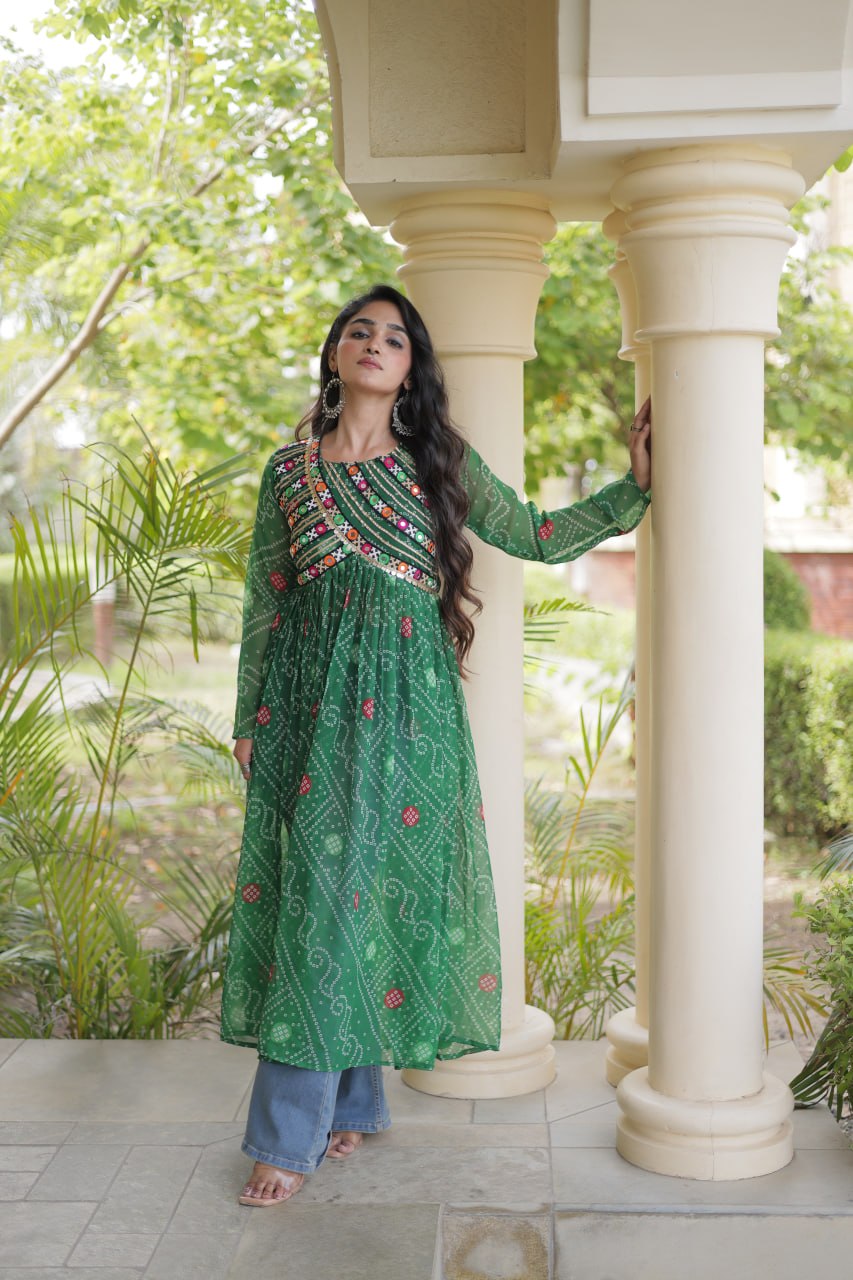 Green Bandhani Kurti with Patchwork