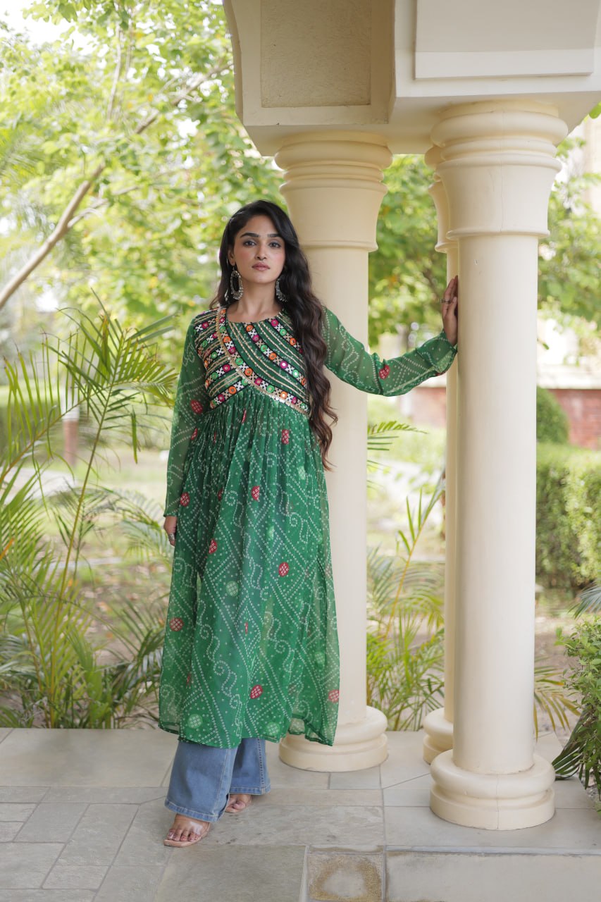 Green Bandhani Kurti with Patchwork
