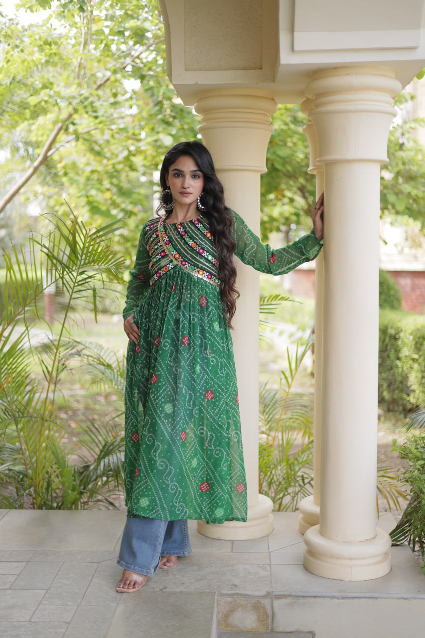 Green Bandhani Kurti with Patchwork