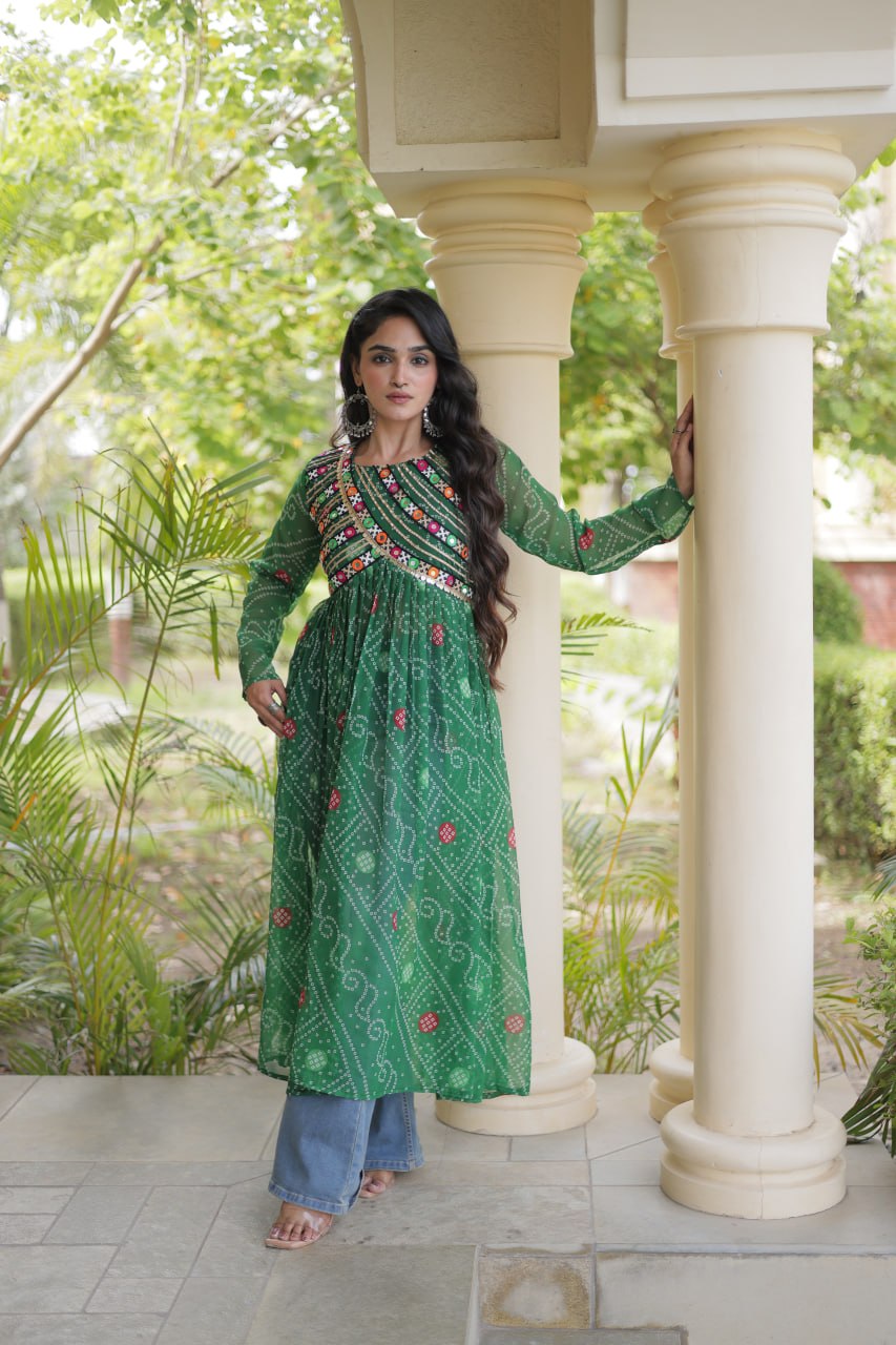 Green Bandhani Kurti with Patchwork
