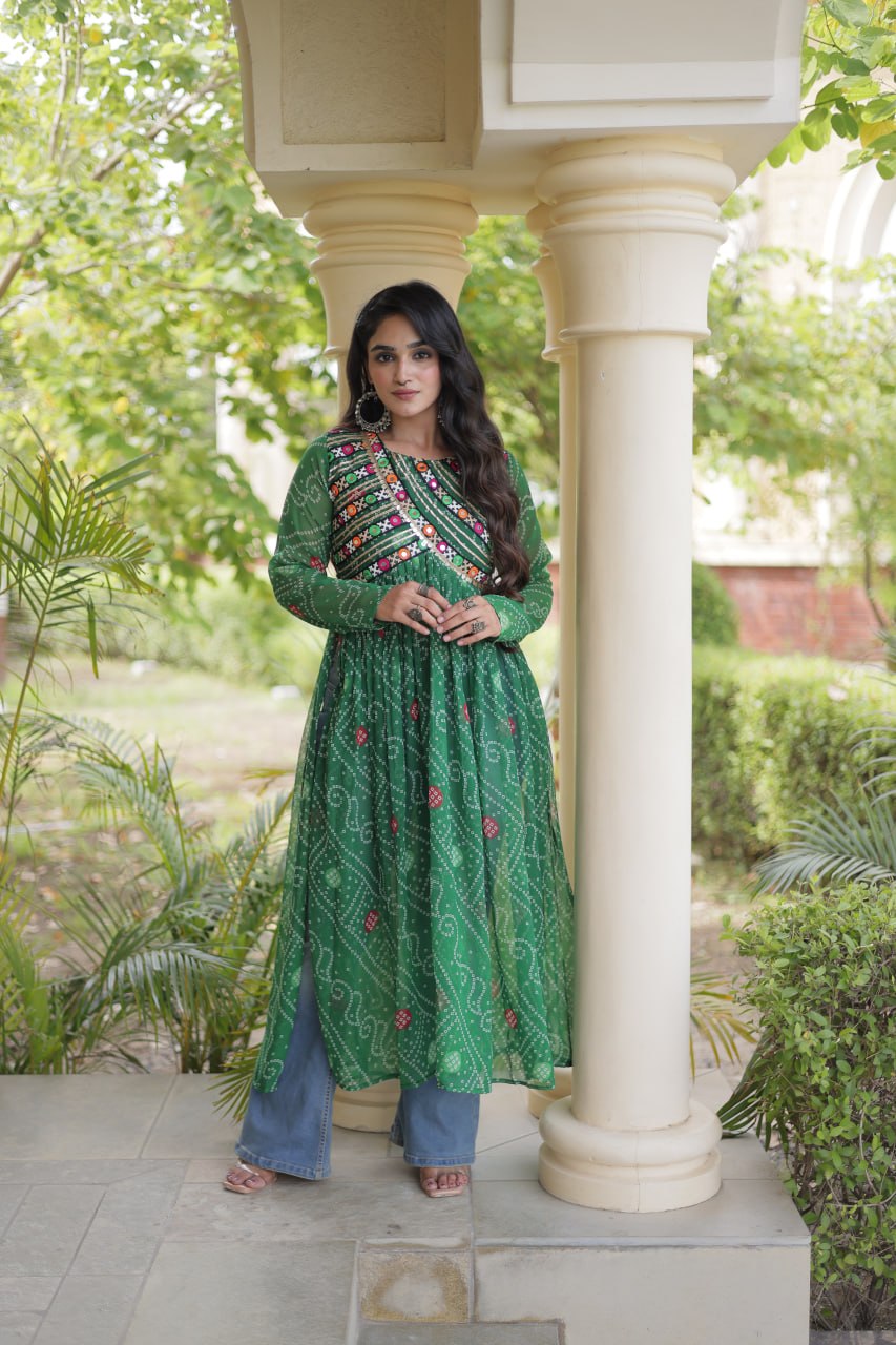 Green Bandhani Kurti with Patchwork
