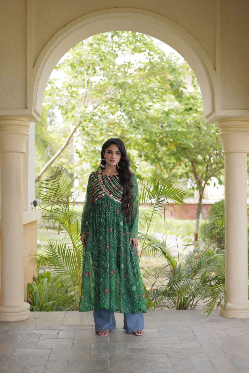 Green Bandhani Kurti with Patchwork