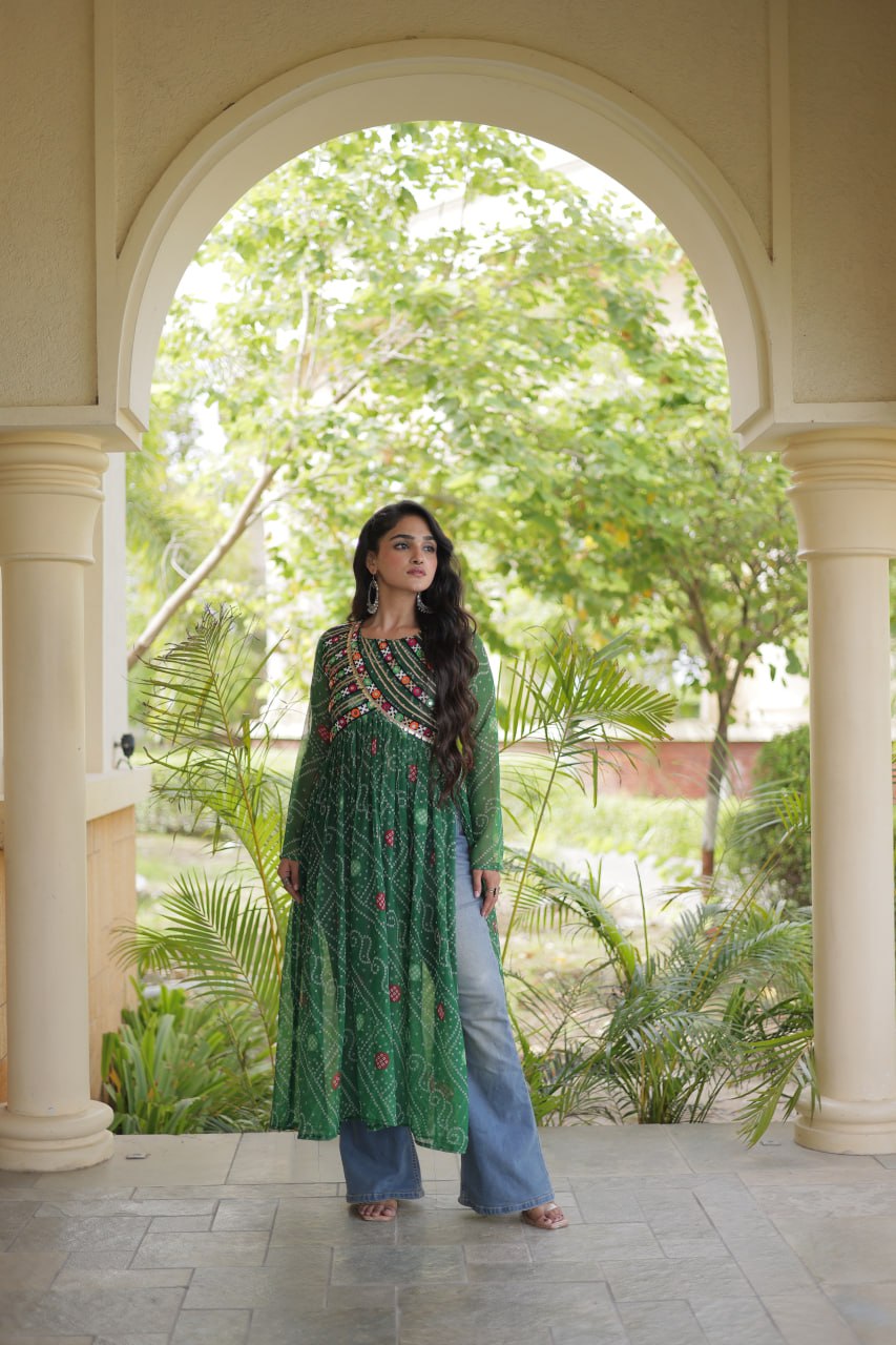 Green Bandhani Kurti with Patchwork