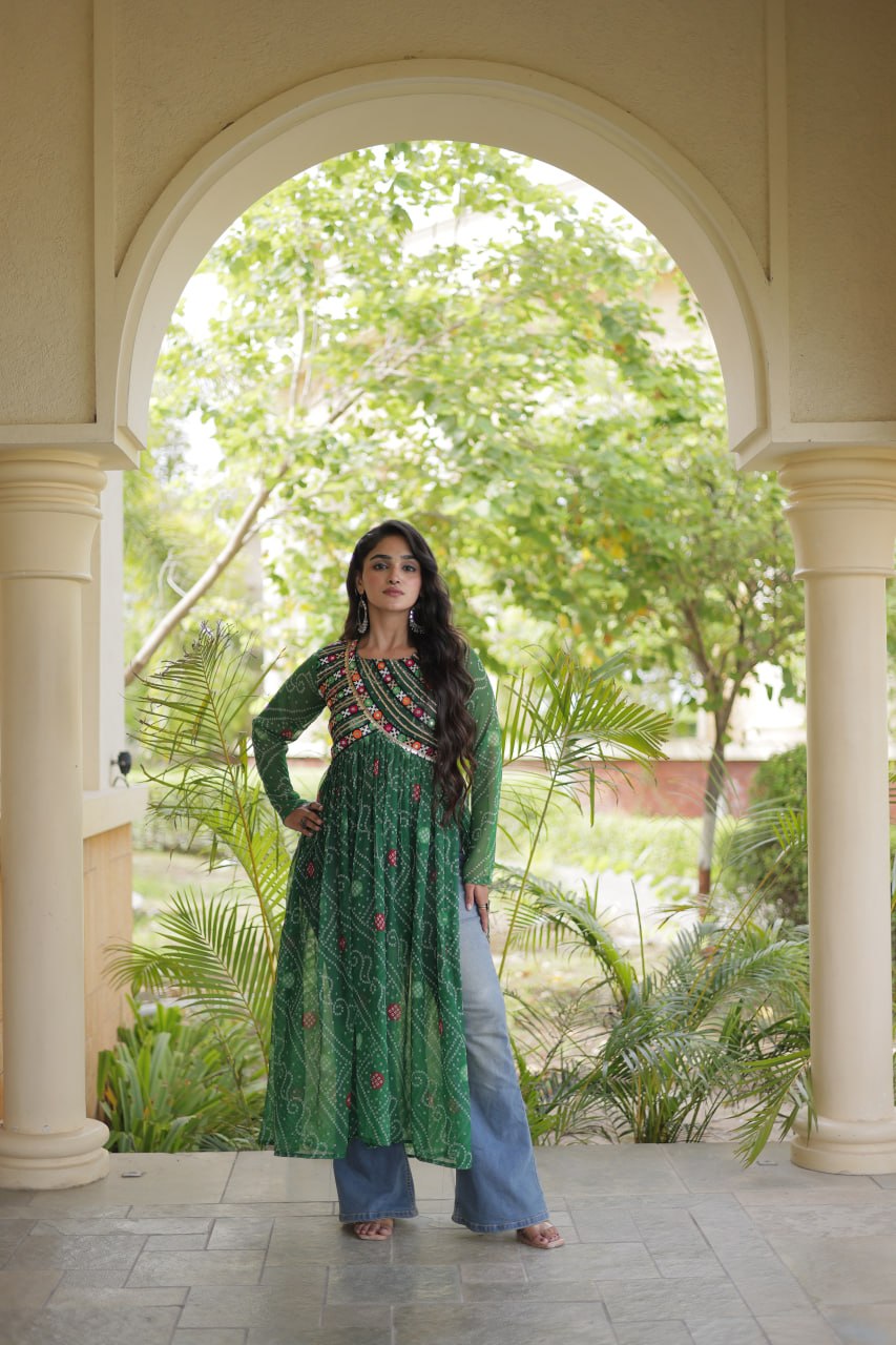 Green Bandhani Kurti with Patchwork