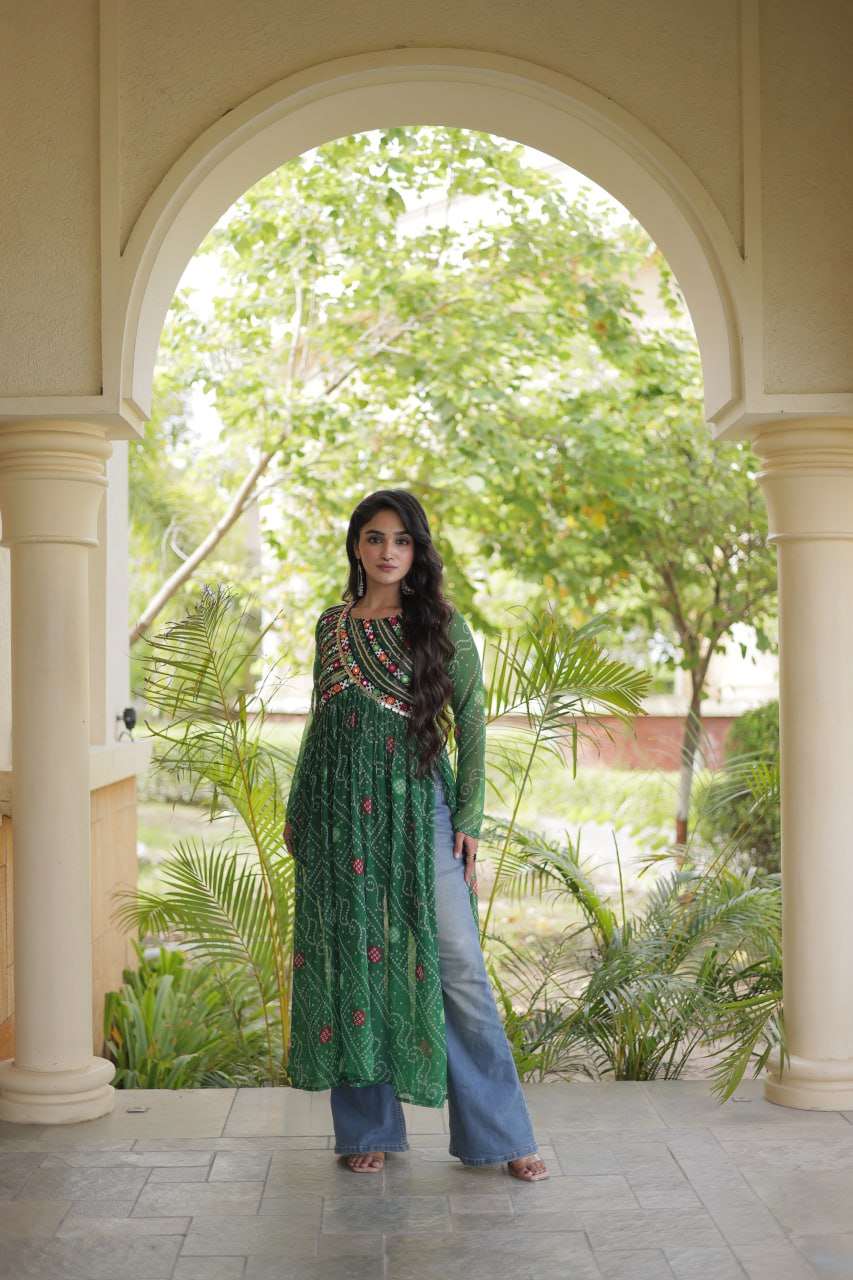 Green Bandhani Kurti with Patchwork