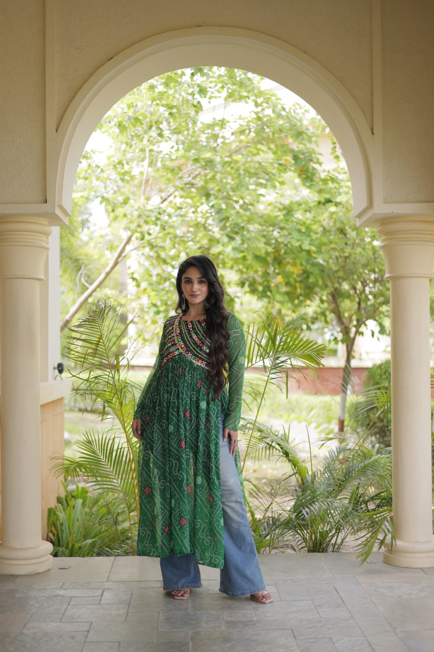 Green Bandhani Kurti with Patchwork