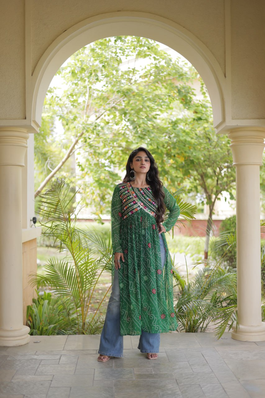 Green Bandhani Kurti with Patchwork
