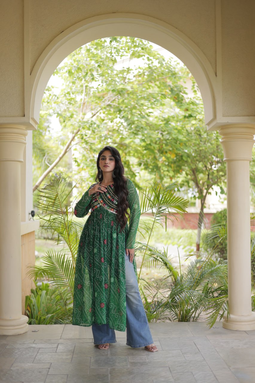 Green Bandhani Kurti with Patchwork