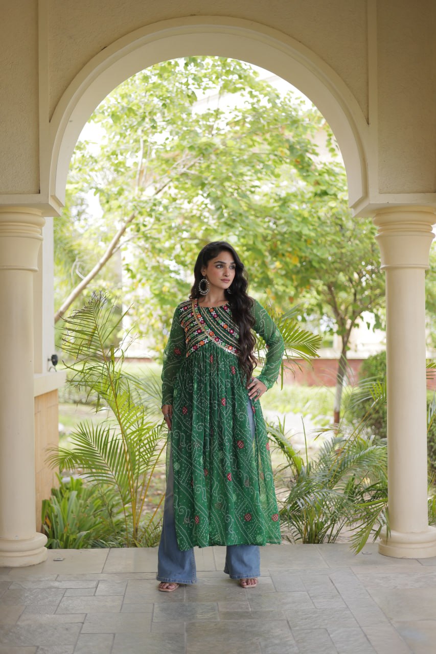 Green Bandhani Kurti with Patchwork