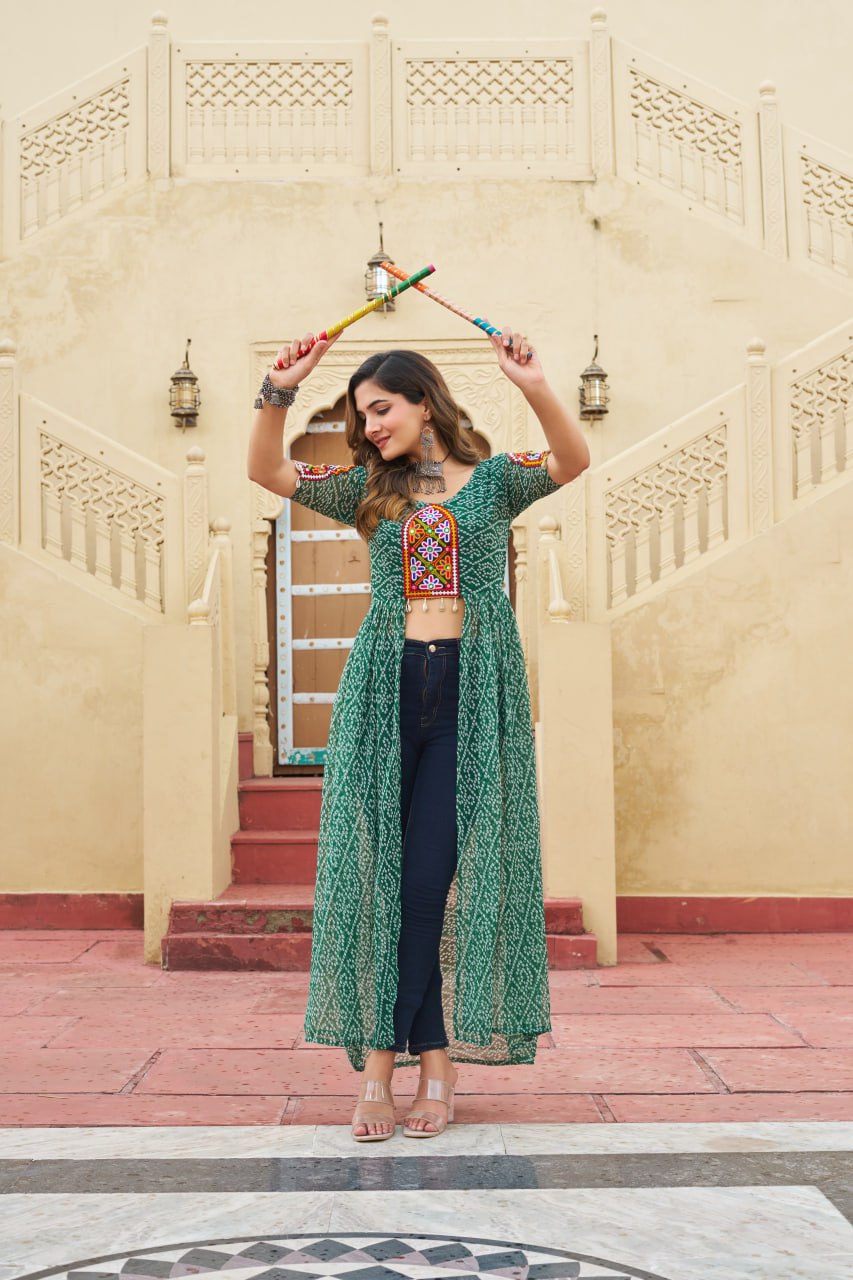 Green Bandhani Print Faux Georgette Kurti with Kutchi Patchwork