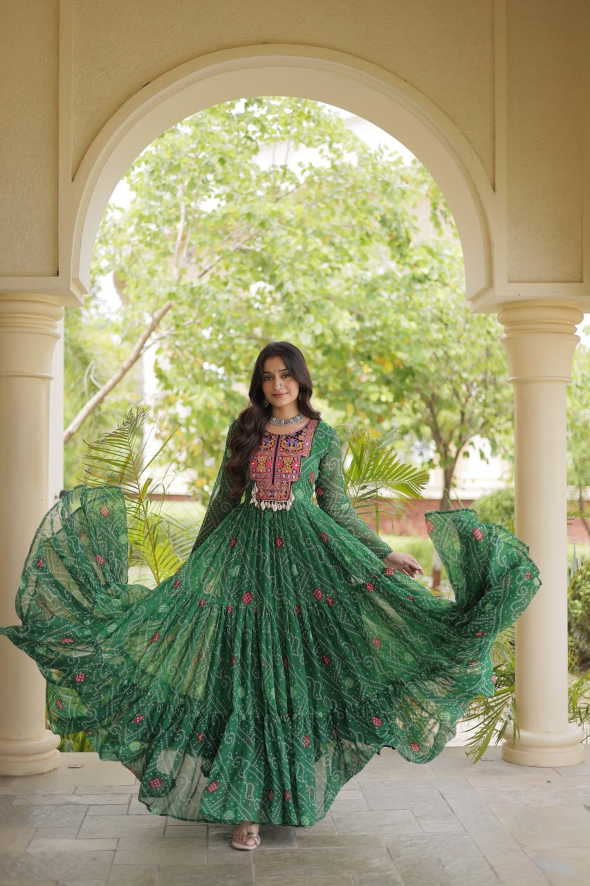 Green Bandhani Print Gown