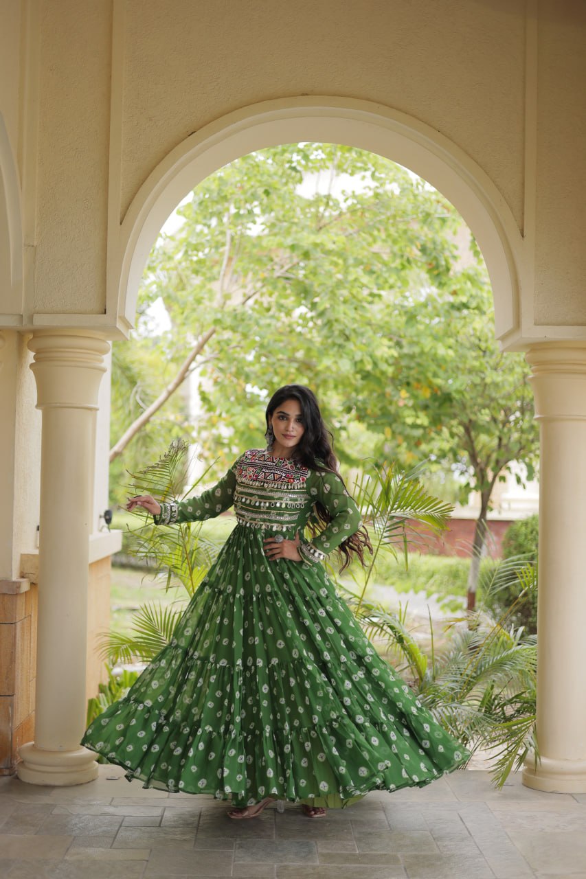 Green Bandhani Print Gown