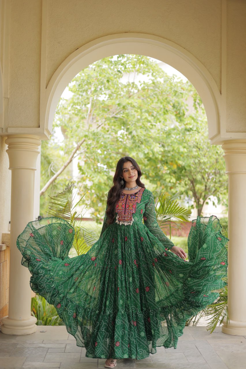Green Bandhani Print Gown